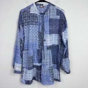 Pilcro Shirt Womens S Blue Patchwork Button Boho Hippie Festival Artsy Beachy